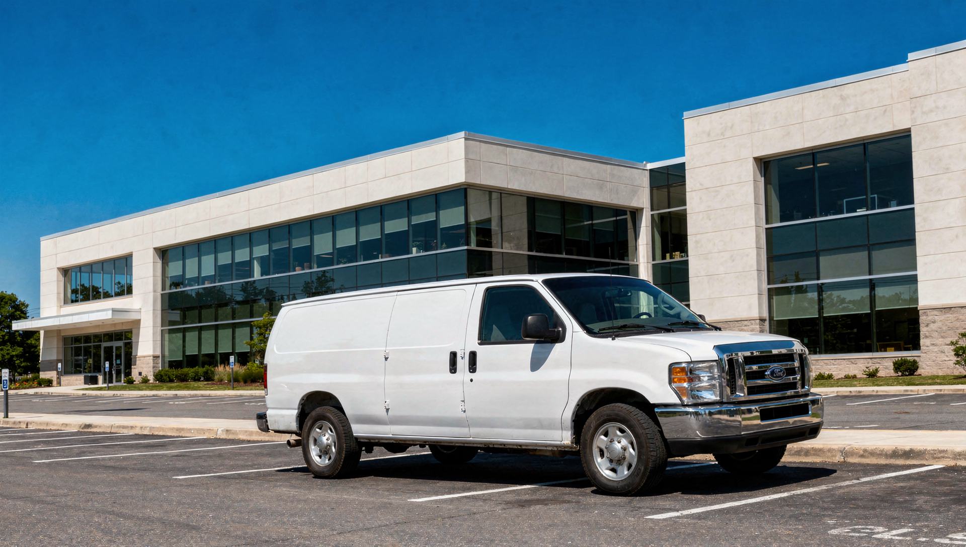 A clean white commercial service van parked outside a modern commercial building in daylight