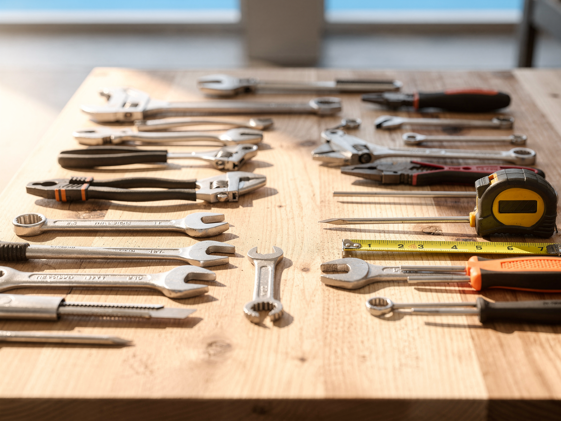 A neat editorial still-life of professional hand tools laid out on a clean wooden workbench in daylight