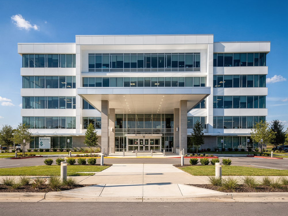 A clean modern healthcare facility building exterior on a bright sunny day