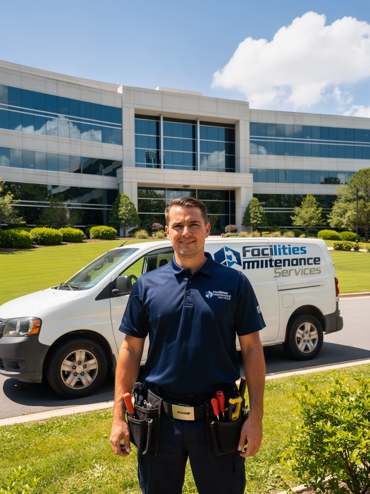 An ABCO facilities maintenance technician in uniform standing in front of a service van and a large commercial building on a bright clear day